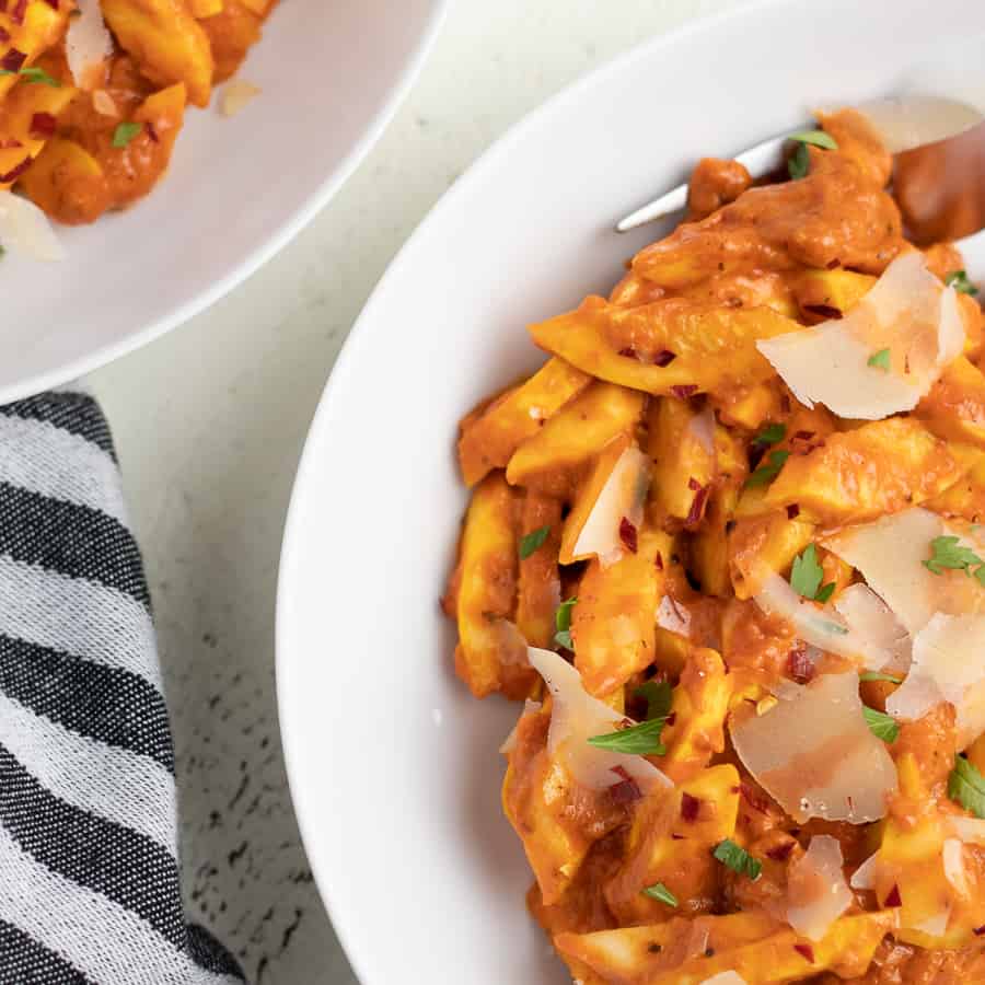 keto penne alla vodka made with marinara and yellow squash