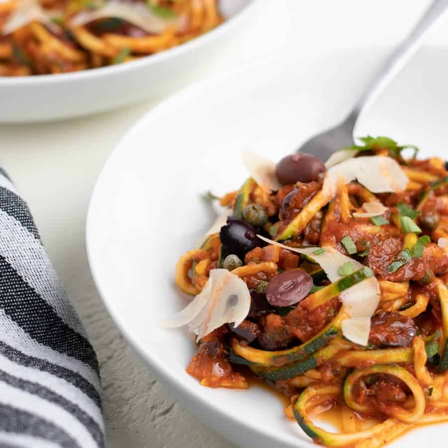 keto spaghetti puttanesca made with zucchini noodles